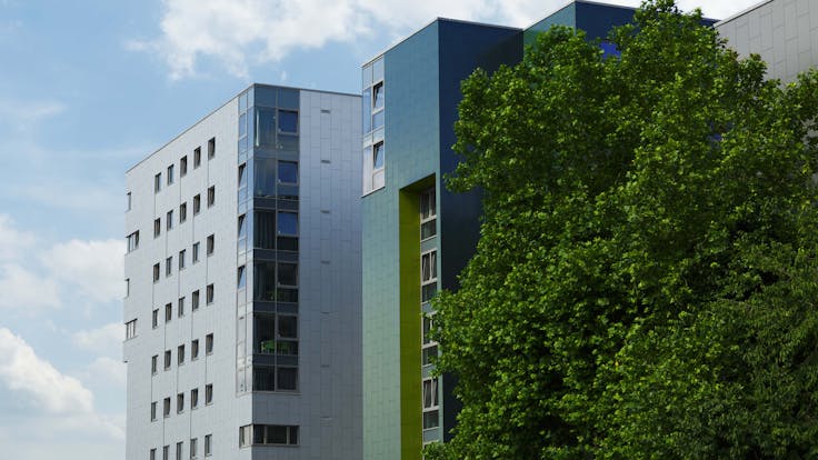 Case Study Luton Campus Rockpanel Metals White Aluminium and Grey Aluminium + custom colour matched options (from old Brilliant range)
