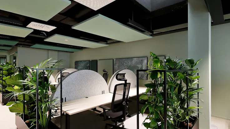 Open Plan Office in Paytrail in Tampere Finland with Rockfon Canva Wall panel A-Edge and Rockfon Eclipse A-Edge