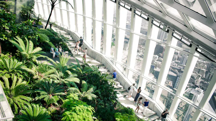 People walking on a staircase in an indoor garden environment at the top floor of a high rise building