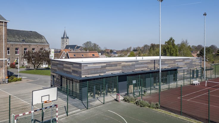 Sale de Sports in Celles, Belgium cladded with Rockpanel Woods facade cladding