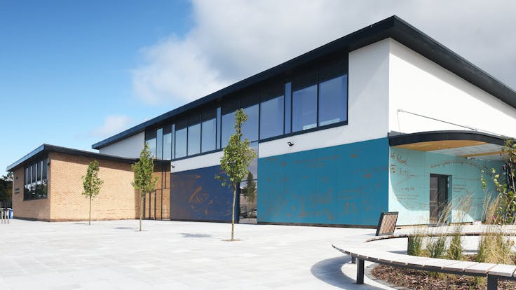 Case Study, Mill Strand PS, UK, Rockpanel Colours A2 (RAL 7001, RAL 6034, RAL, 5021, RAL 5001).