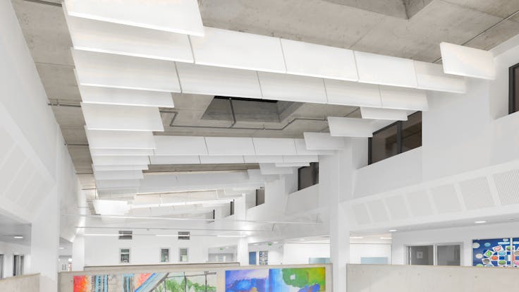 Phoenix Academy, UK, Telford, 2,000m2, Seymour Harris, Kier Construction, Phoenix Academy, Global Contract Interiors Ltd., Simon Jones, White, Rockfon Contour, Suspended, Baffles