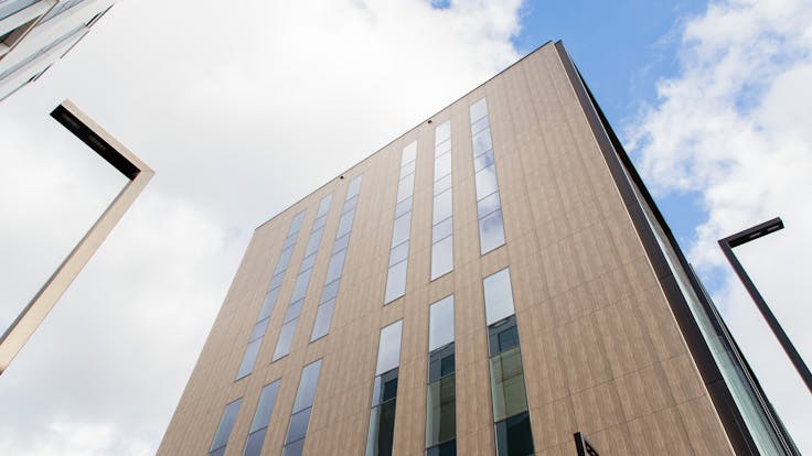 Bonarka For Business, Building F of B4B Office Park in Krakow, Poland, cladded with Rockpanel Woods facade cladding