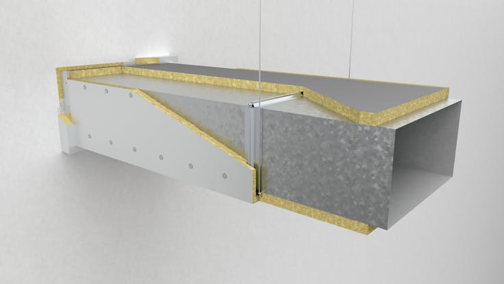 Conlit Duct 120: Fire protection. Duct. Protección contra incendios en conductos metálicos de ventilación y extracción de humos Silver finishing. Acabado gris. Installation process. Proceso de instalación. Paso a paso.