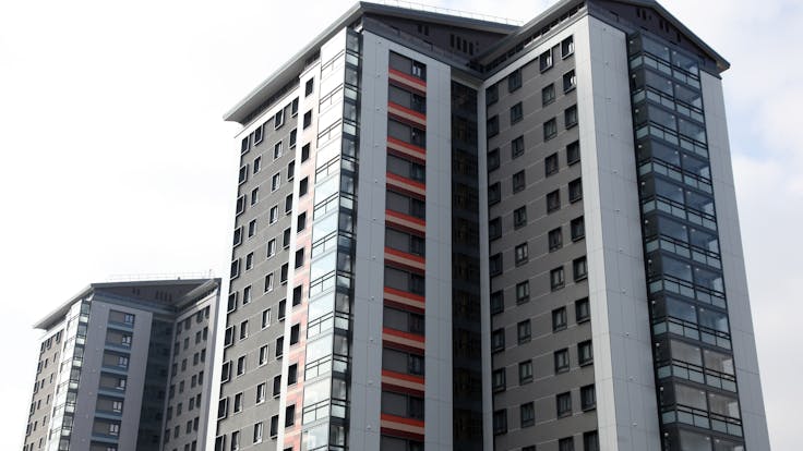 Refurbishment three high-rise residential towers, The Crofts in Birmingham, United Kingdom with Rockpanel Colours in FS-Xtra grade. Renovation. A2 fire rated boards