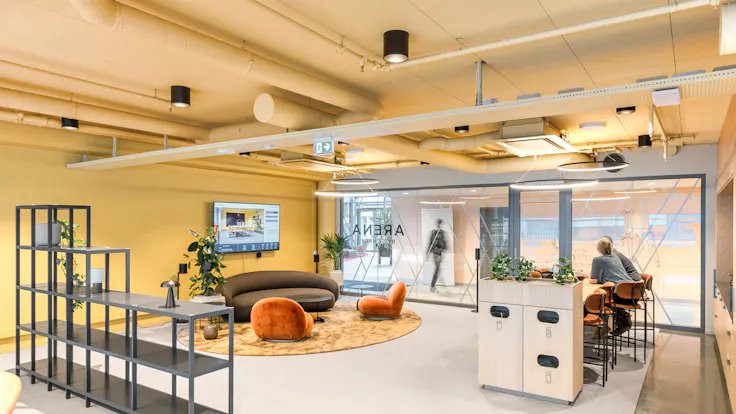 Open Plan Office in Skoeyen Atrium in Oslo Norway with Rockfon Color-all X-Edge