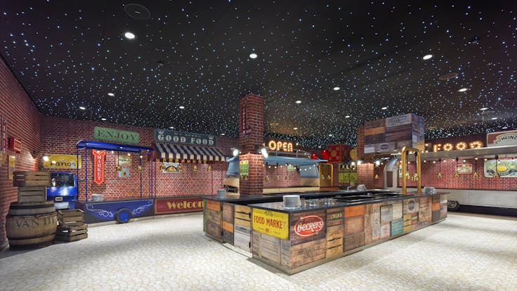 Restaurant of Plopsa hotel in De Panne Belgium with Rockfon Color-all Charcoal in D-edge