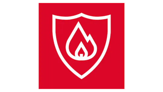ROCKWOOL Icon mit einem Schild auf dem Flammen sind als Symbol für den Steinwolle-Vorteil Brandschutz