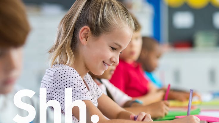 test, rockfon, brand refresh, onomatopoeia, sound words, shh, school, boy, pupil, concentrating, classroom, pencil