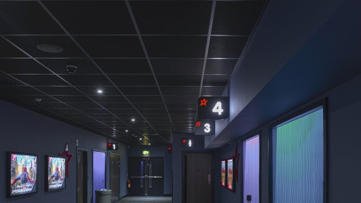 Cineworld, UK, Gloucester, Main Contractor - Brittania Construction, Ceiling Contractor - D & G Ceilings, Wayne Hutchinson, Rockfon Color-all, Charcoal