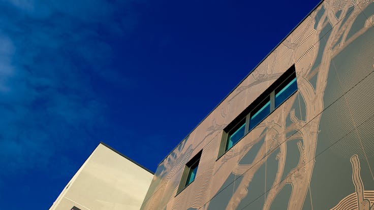 Sheffield Hallam University, in Sheffield, United Kingdom with glued and routed Rockpanel Colours exterior cladding