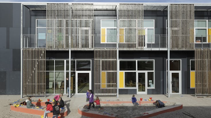 Klostermarksskolen in Roskilde, Denmark cladded with Rockpanel Colours RAL 7016 and RAL 7021 facade cladding