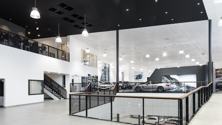 Hedin Bil,Jönköping,Sweden,12.500 m²,Qpg Arkitektur AB, Göteborg,Hedin Göteborg Bil AB,Akustik & Montage AB,Tenhult,Ola Österling,ROCKFON Koral,A24-edge,1200x600x15,white,ROCKFON Color-all,X-edge,charcoal,600x600x22,Chicago Metallic T24 2890