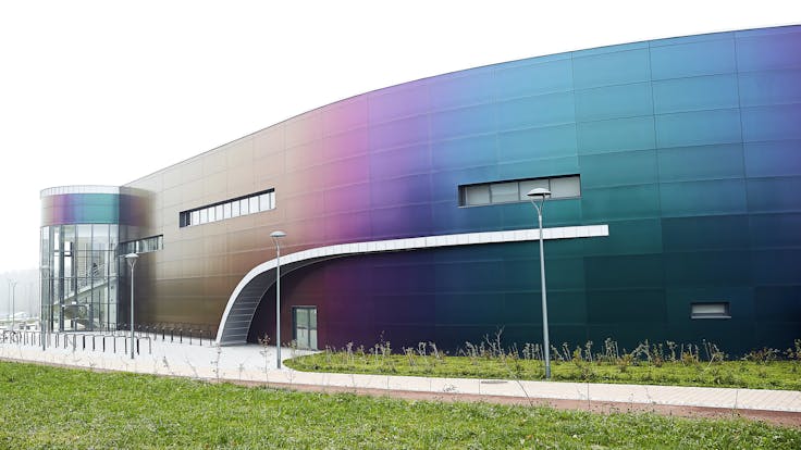 Swimming pool Wodny Park in Tychy, Poland cladded with Rockpanel Chameleon facade cladding