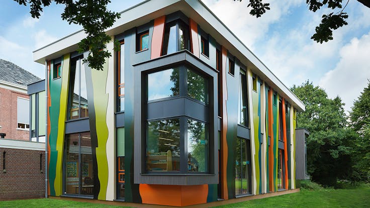 The Maasniel school project in Roermond, The Netherlands wth Rockpanel Brilliant & Woods exterior cladding.