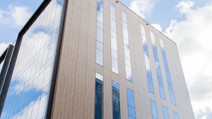 Bonarka For Business, Building F of B4B Office Park in Krakow, Poland, cladded with Rockpanel Woods facade cladding