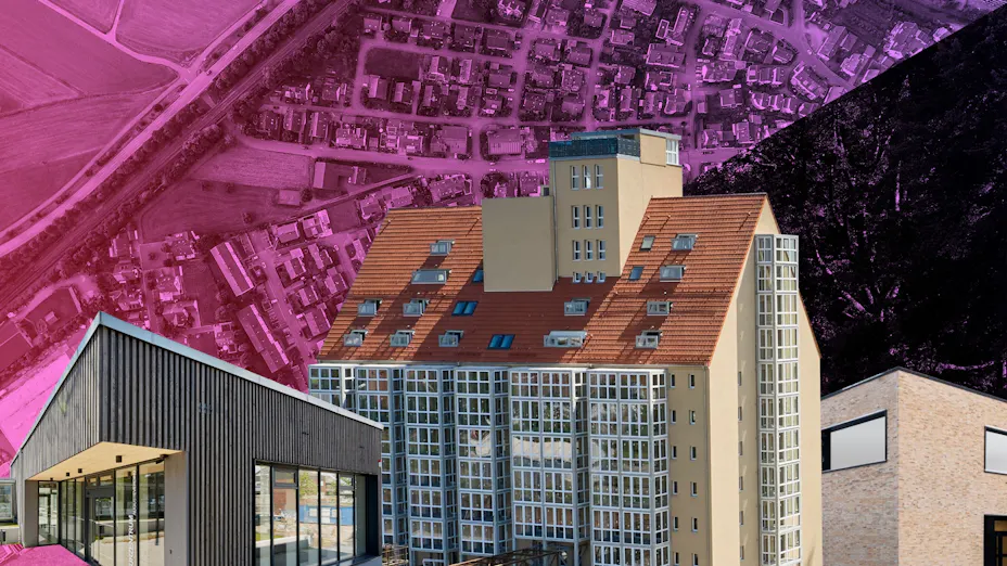 Im Vordergrund die Kölner Lernmensa, das Bottroper Kulturzentrum und die historischen Speicher in Magdeburg, im Hintergrund eine Stadtansicht aus der Vogelperspektive.