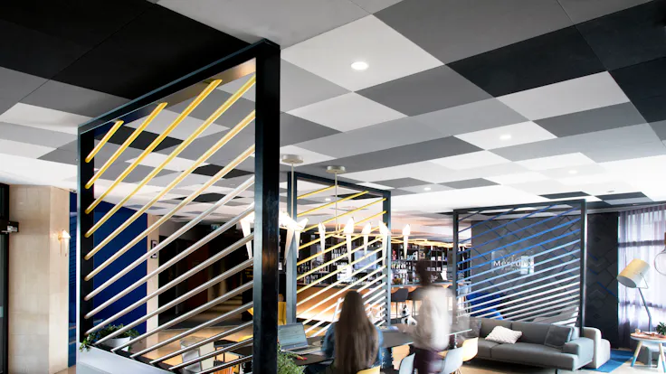 FR, Hôtel Mercure Hyères Centre, Hyères, Karolina Lubkowski, KL Studio Design, Leisure, Rockfon Color-All, X-edge, 600x600, Different shades of grey, white, black, Hotels