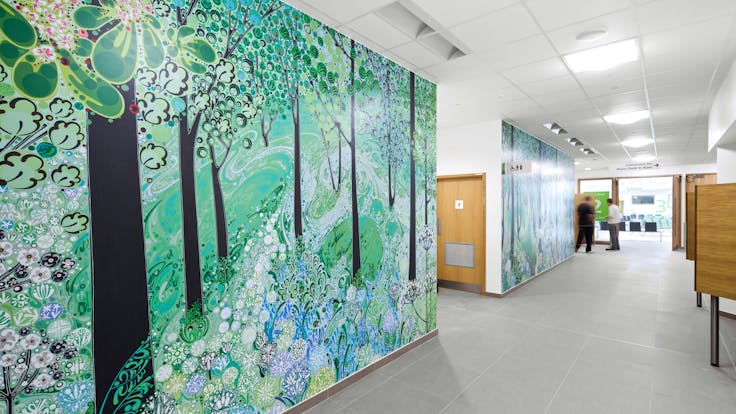 Morriston Hospital,UK,Swansea,Wales,IBI Nightingale,Art In Site - For Eclipse Islands creation,BAM Construction,Morriston Hosptial-Swansea,Richard Kemble Ceilings-Medicare and Bay Productions-Eclipse,Matt Livey,ROCKFON Medicare Plus,A24,600x600x20,white,Chicago Metallic T24 2850,Chicago Metallic T24 2890,Chicago Metallic T24 2890 ECR