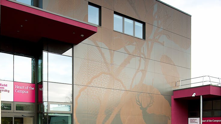 Sheffield Hallam University, in Sheffield, United Kingdom with glued and routed Rockpanel Colours exterior cladding