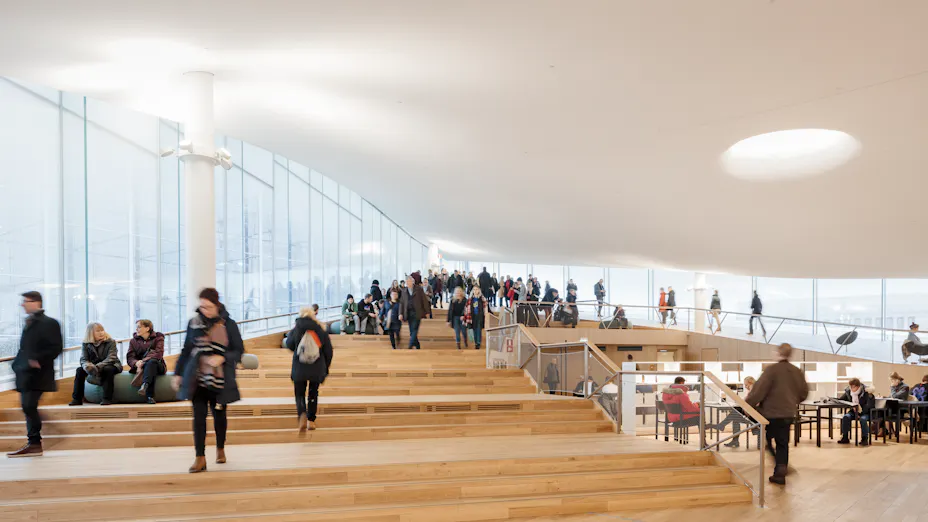 Public atrium with a smooth monolithic acoustic ceiling, wide timber steps used for seating, and large curved glazing filling the open space with natural daylight.