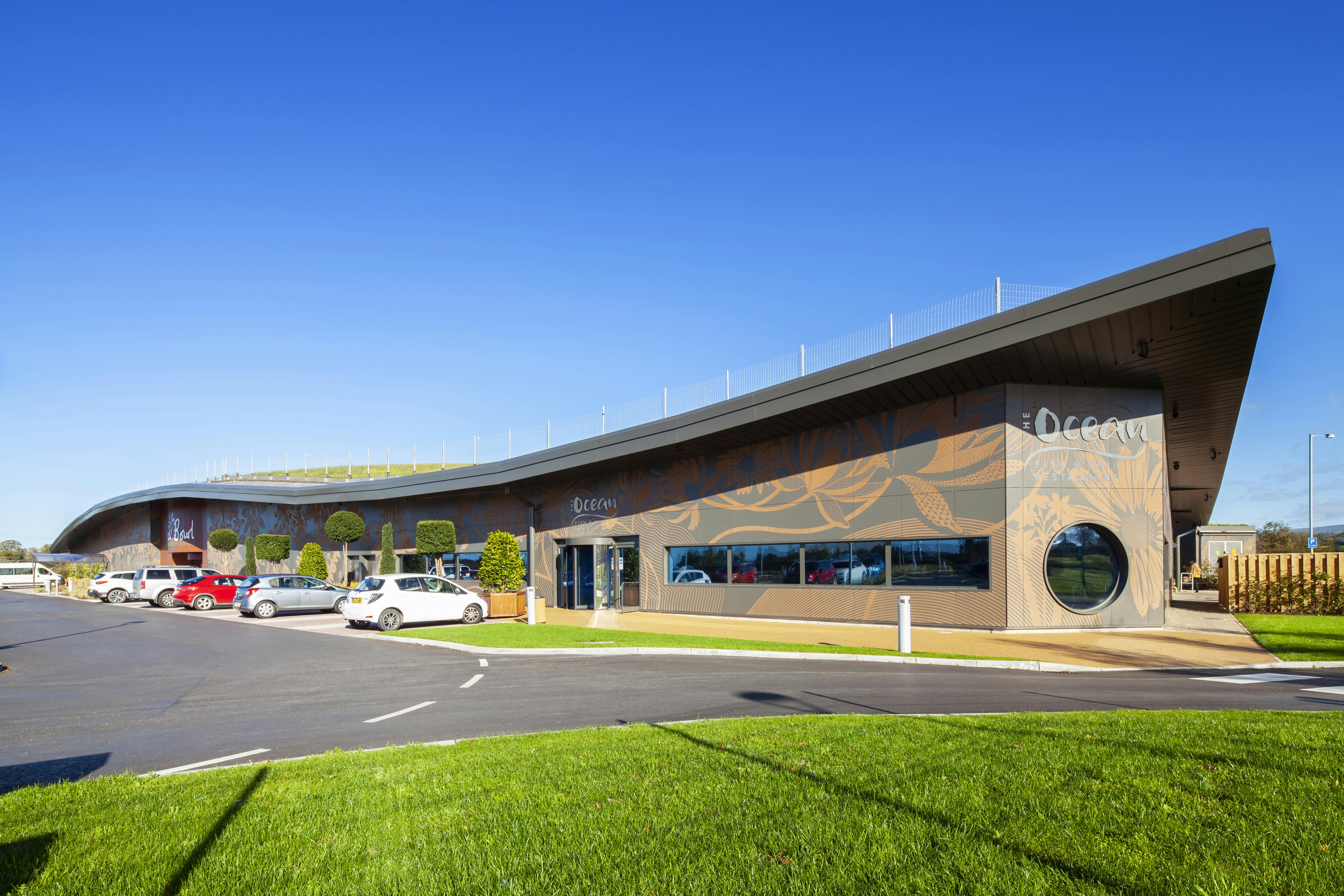 The Flower Bowl Entertainment Centre in Preston, United Kingdom cladded with Rockpanel Colours and Stones facade cladding