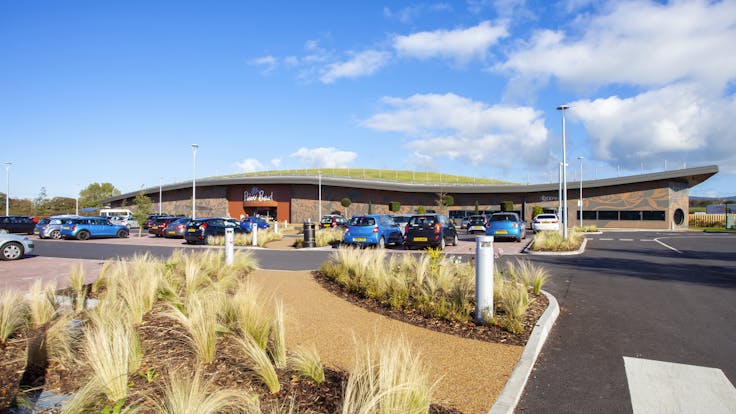 The Flower Bowl Entertainment Centre in Preston, United Kingdom cladded with Rockpanel Colours and Stones facade cladding