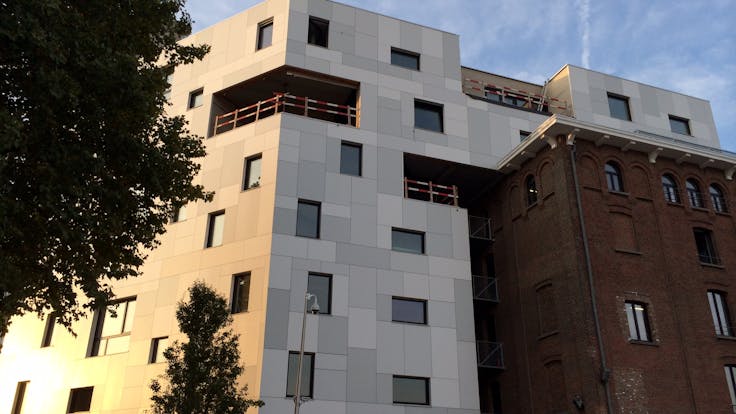 Belle Vue Brewery in Brussels, old brewery transformed into Hotel Belvue. This building is clad with Rockpanel Ply facade cladding.