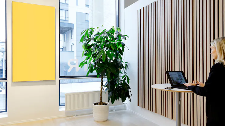 Corridor in INR Iconic Nordic Rooms in Espoo Finland with Rockfon Canva Wall Panel and Rockfon Lamella