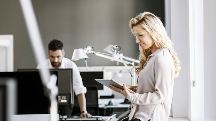 Two colleagues in office with digital tablet and computer. Indoor, office, acoustics, people, working,