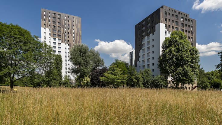 Tours Bièvre in Antony, France cladded with Rockpanel Colours and Woods facade cladding