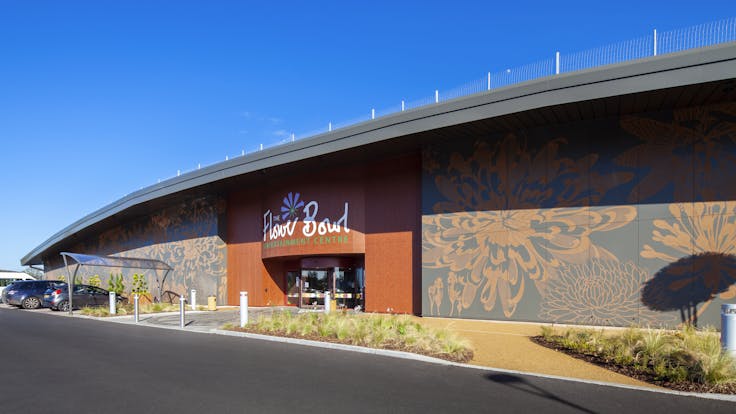 The Flower Bowl Entertainment Centre in Preston, United Kingdom cladded with Rockpanel Colours and Stones facade cladding