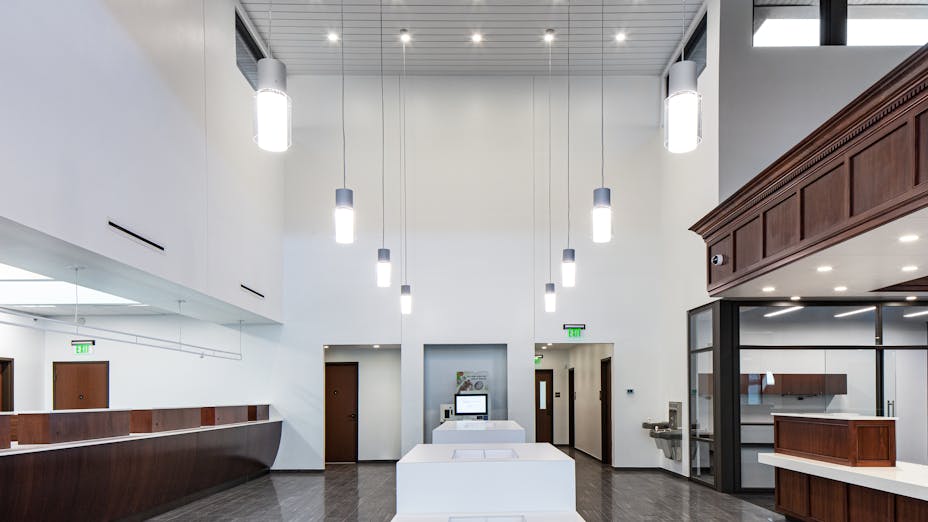 NA, State Employees’ Credit Union (SECU), Granite Quarry branch office, Summit Design and Engineering Services, Office, Alaska, Stone Wool Ceiling Tiles, Chicago Metallic 1200, Suspension Grid, Planar Macroplus, Specialty Metal Ceilings