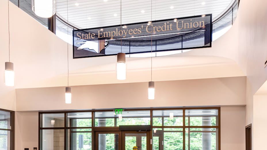 NA, State Employees’ Credit Union (SECU), Granite Quarry branch office, Summit Design and Engineering Services, Office, Planar Macroplus, Specialty Metal Ceilings