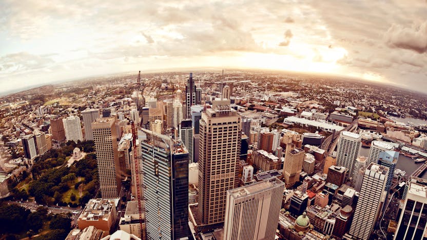 Aerial view of downtown Sydney at sunset, Australia.