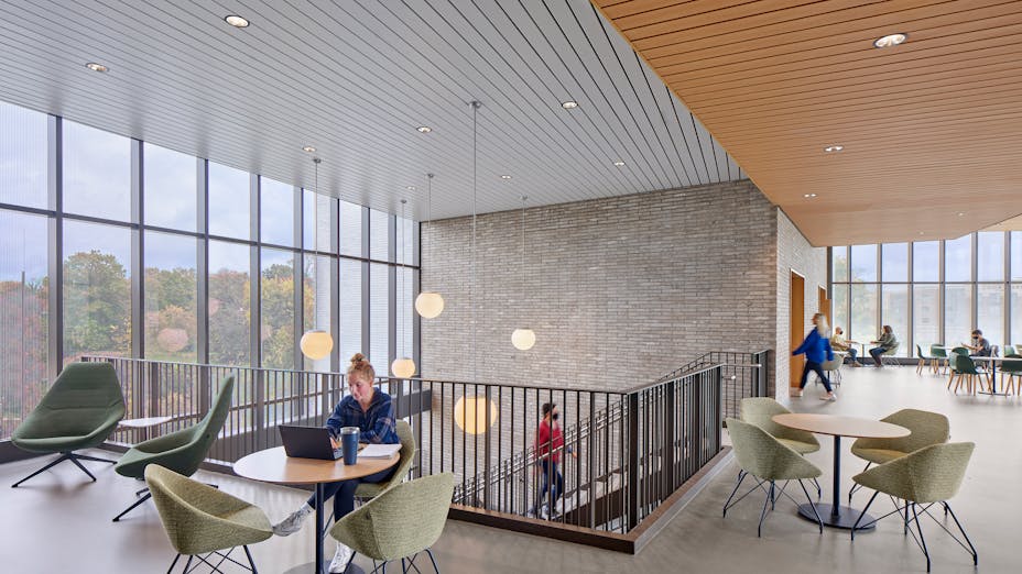 NA, Rowan University, Discovery Hall, KSS Architects LLP, Education, Planar Macro - 6in square edge in White and Metalwood Maple, Specialty Metal Ceilings, Infinity - 4in straight in White and Metalwood Maple, Perimeter Trim