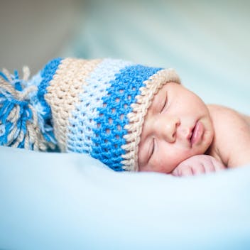 baby, sleep, boy, calm, restful, knitted hat, bed