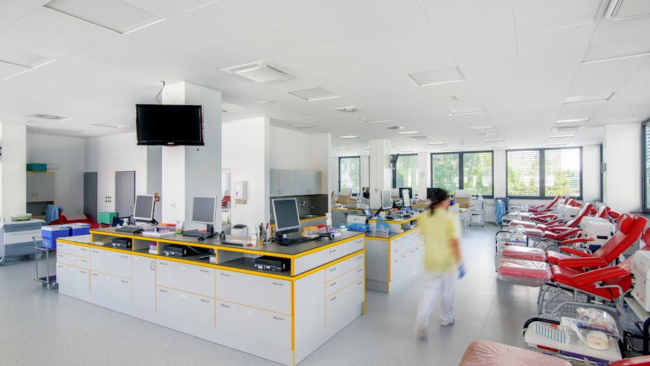Treatment Room in Transfusion department of the university hospital in Hradec Králové in Hradec Králové Czech Republic with Rockfon MediCare Plus X-Edge