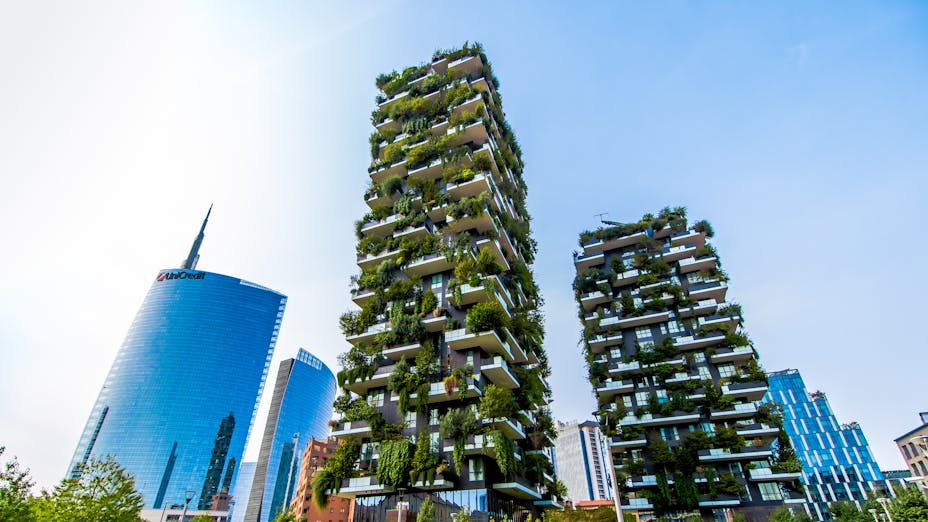 iew of the "Bosco Verticale" and "Unicredit Tower" in the business district of Milan, Italy
