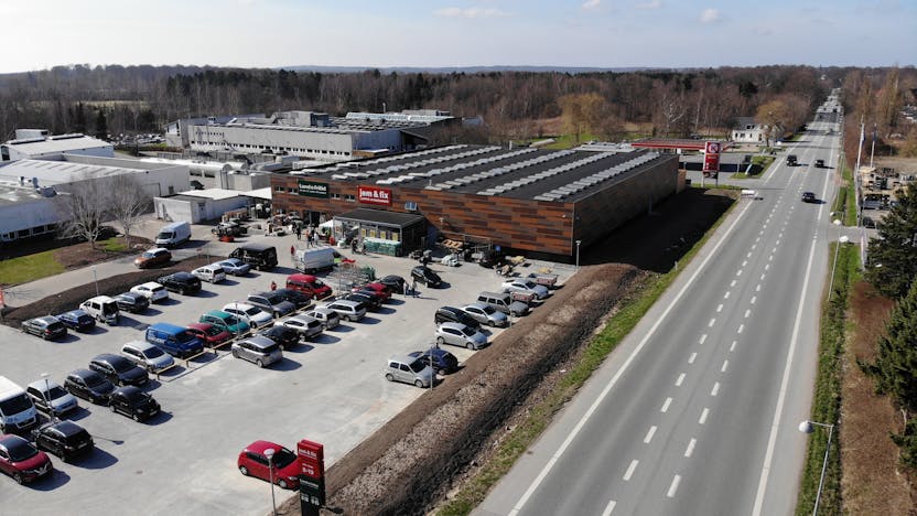 jem & fix store in Fredensborg, Denmark cladded with Rockpanel Woods facade cladding