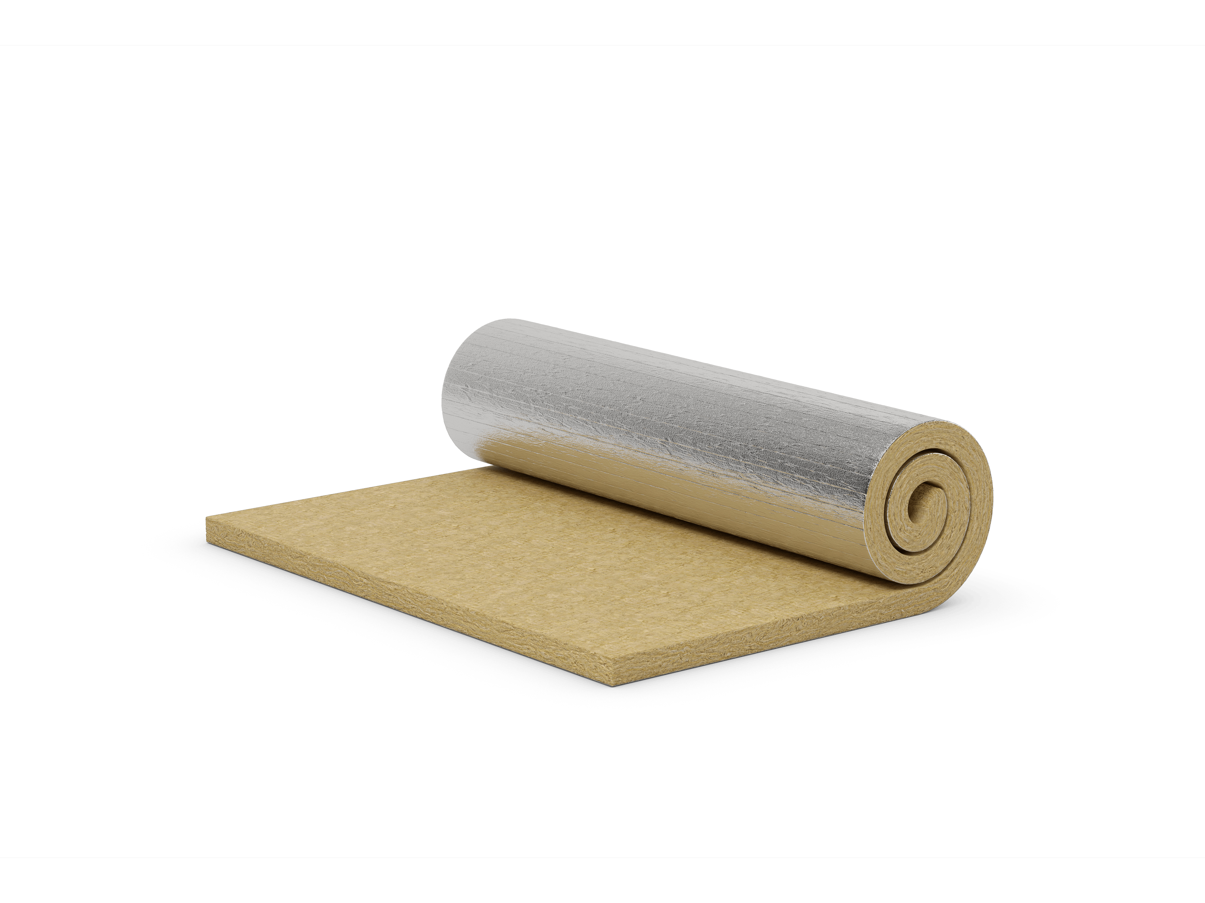 Stone wool roll with aluminium. Products: Cod. 128, Cod. 129, Roulrock ALU, ROCKWOOL 133, ROCKWOOL 133, Fieltro 128, Manta 129