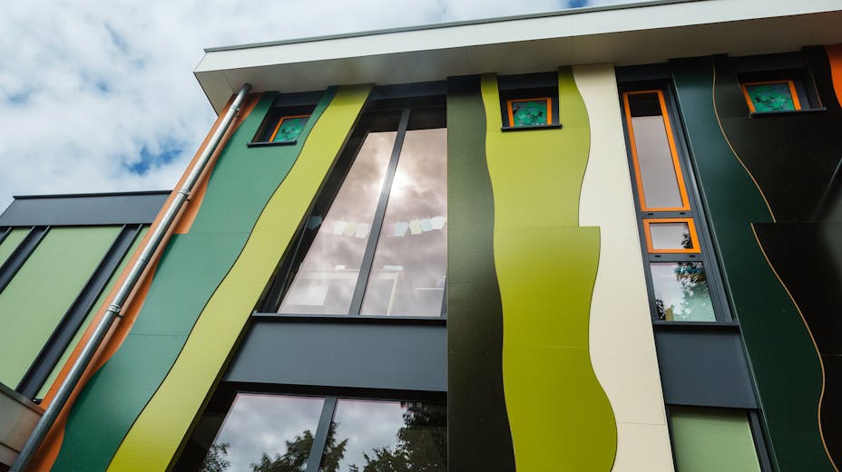 The Maasniel school project in Roermond, The Netherlands wth Rockpanel Brilliant & Woods exterior cladding.