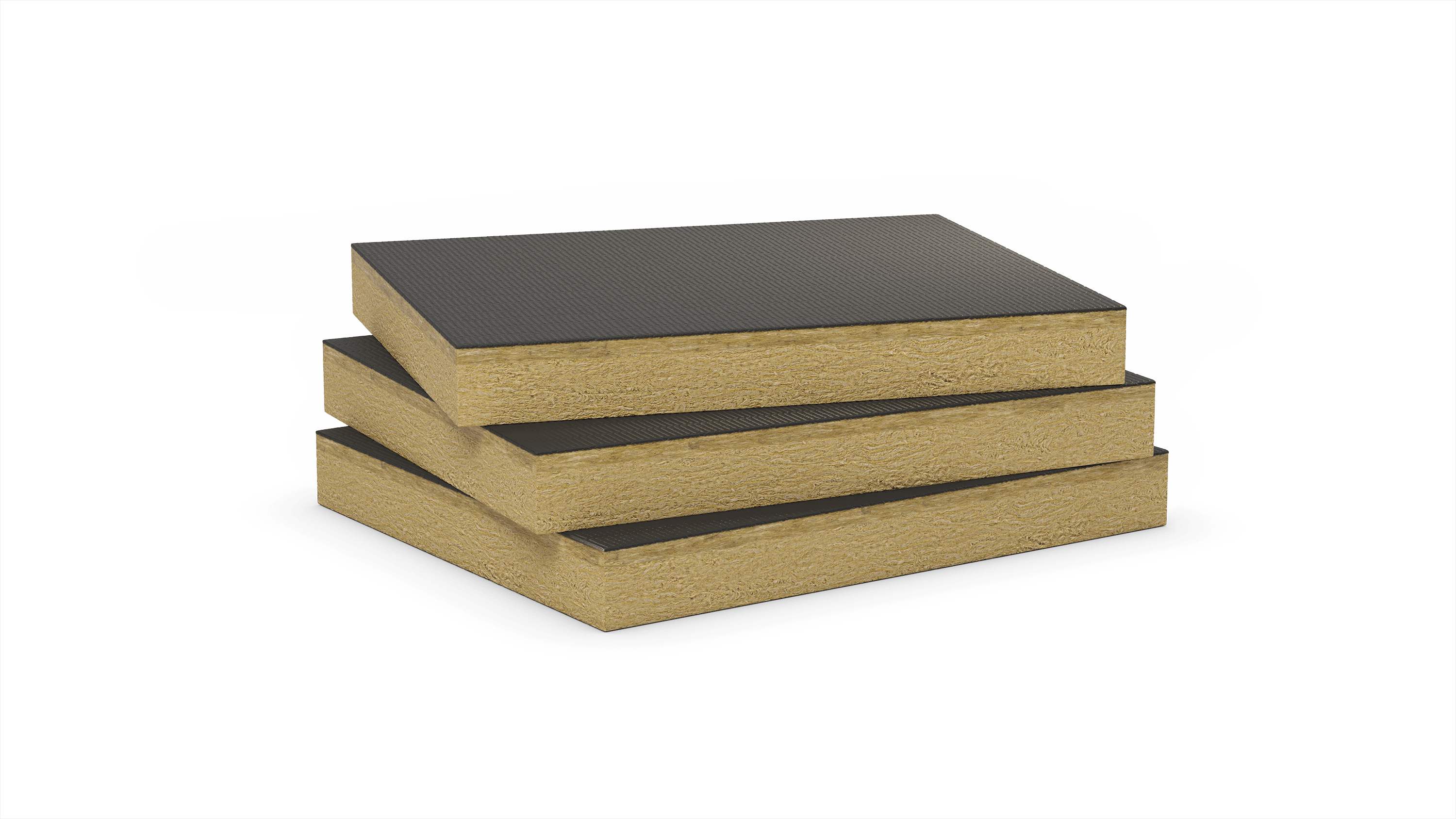 Double density stone wool slab with oxyasphalt coating. Products: Durock 387, Hardrock 393, Rockacier B Soudable Energy, Rockacier C Soudable Energy
