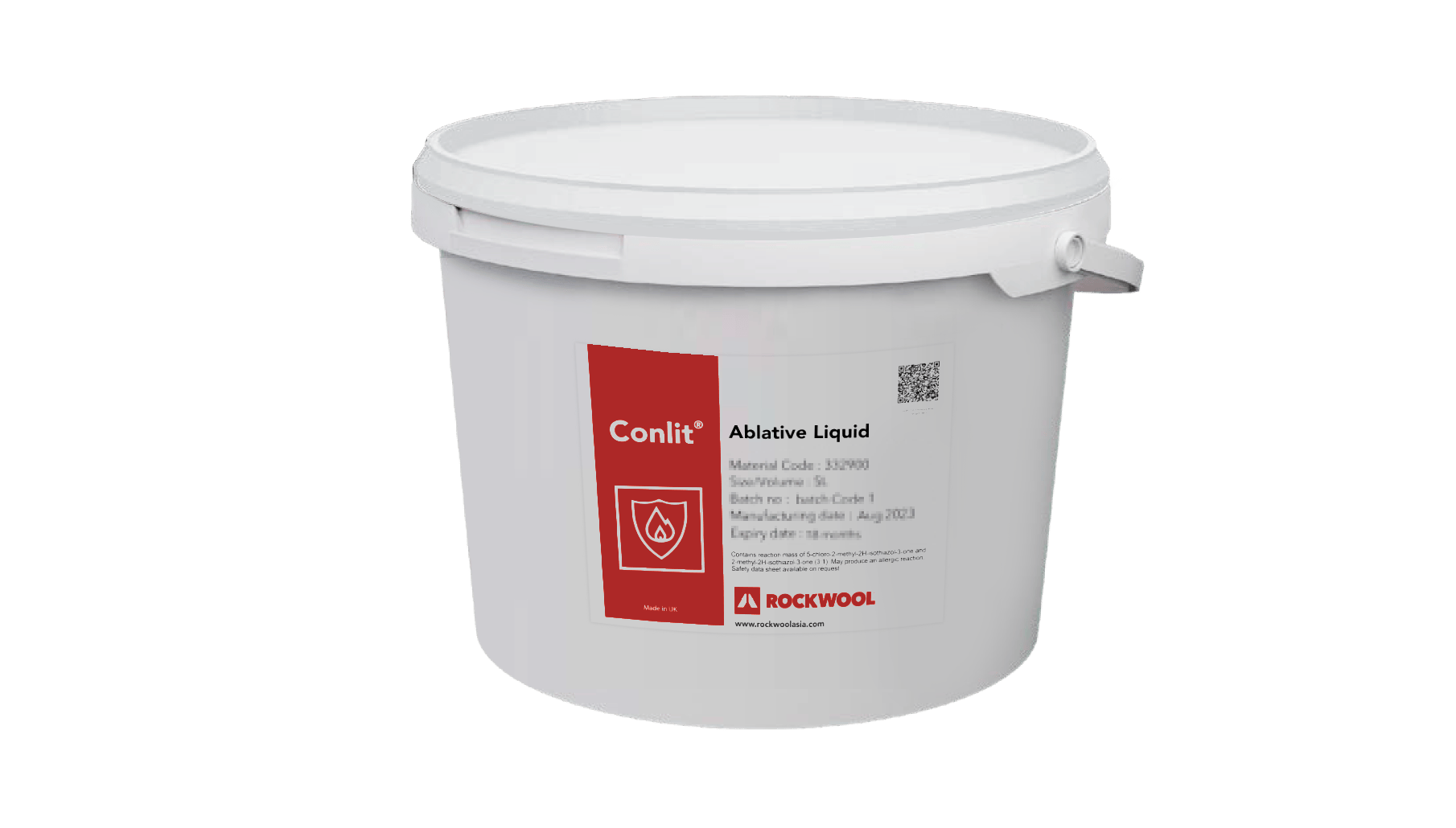 Improves the fire resistant properties for ROCKWOOL stone wool slabs.
The Conlit Ablative Liquid is a water based, ready to use viscous paste which may be brush or spray-applied to stone wool slabs. The coating is available in white and in other colours subject to minimum order quantities. Ablative Liquid is supplied in 5L tubs.