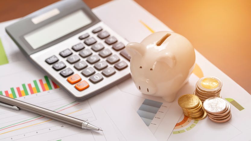 Piggy bank, savings, calculator, finance