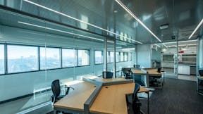 NA, University of Wisconsin - Milwaukee (UWM) Engineering & Mathematical Sciences (EMS) Building, Continuum Architects + Planners, Education, Spanair Torsion Spring 2' x 4' in Satin Silver with custom perforation, Metal Ceilings