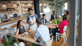 Stock photo, restaurant, people, eating, waiter