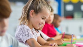 school, pupils, kids, school children, young girl, writing, pen, paper, class room, people, education