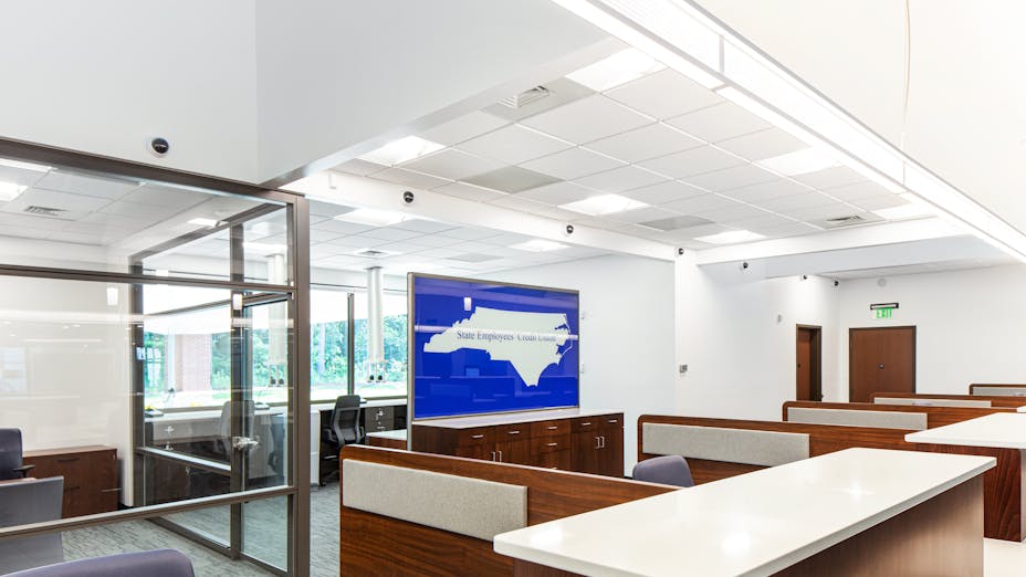 NA, State Employees’ Credit Union (SECU), Granite Quarry branch office, Summit Design and Engineering Services, Office, Alaska, Stone Wool Ceiling Tiles, Chicago Metallic 1200, Suspension Grid