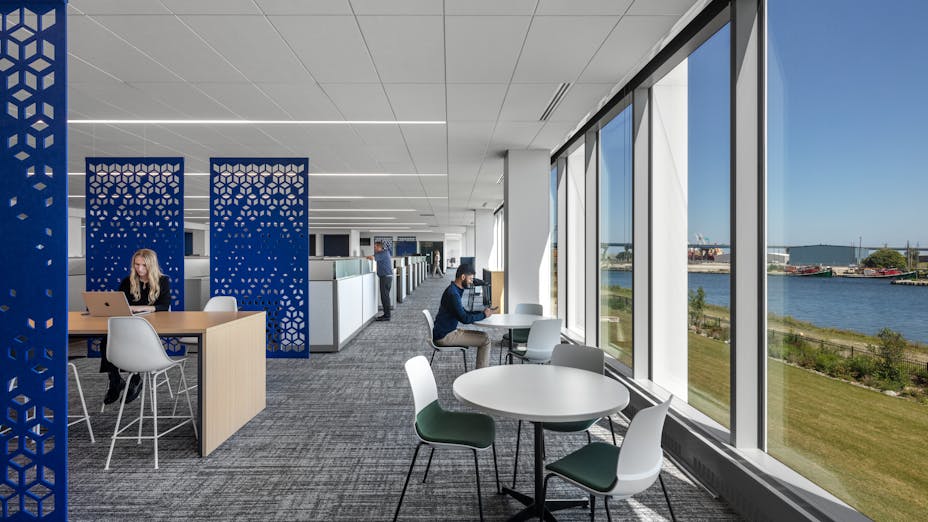 NA, Komatsu Mining Corp. - South Harbor Office Headquarters, Eppstein Uhen Architects (EUA), Office, LEED v4 BD+C Gold certified, Sonar, Tropic, Artic, Color-all - Concrete, Hygienic Plus, Chicago Metallic 4000 Tempra, Infinity, Stone Wool Ceilings, Suspension Grid, Perimeter Trim